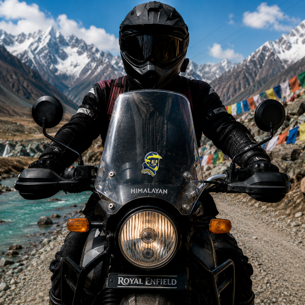 Motocross Biker helmet sticker installed on Royal Enfield Himalayan motorcycle windshield in mountain riding setting