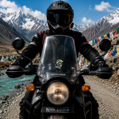 Motocross Biker helmet sticker installed on Royal Enfield Himalayan motorcycle windshield in mountain riding setting