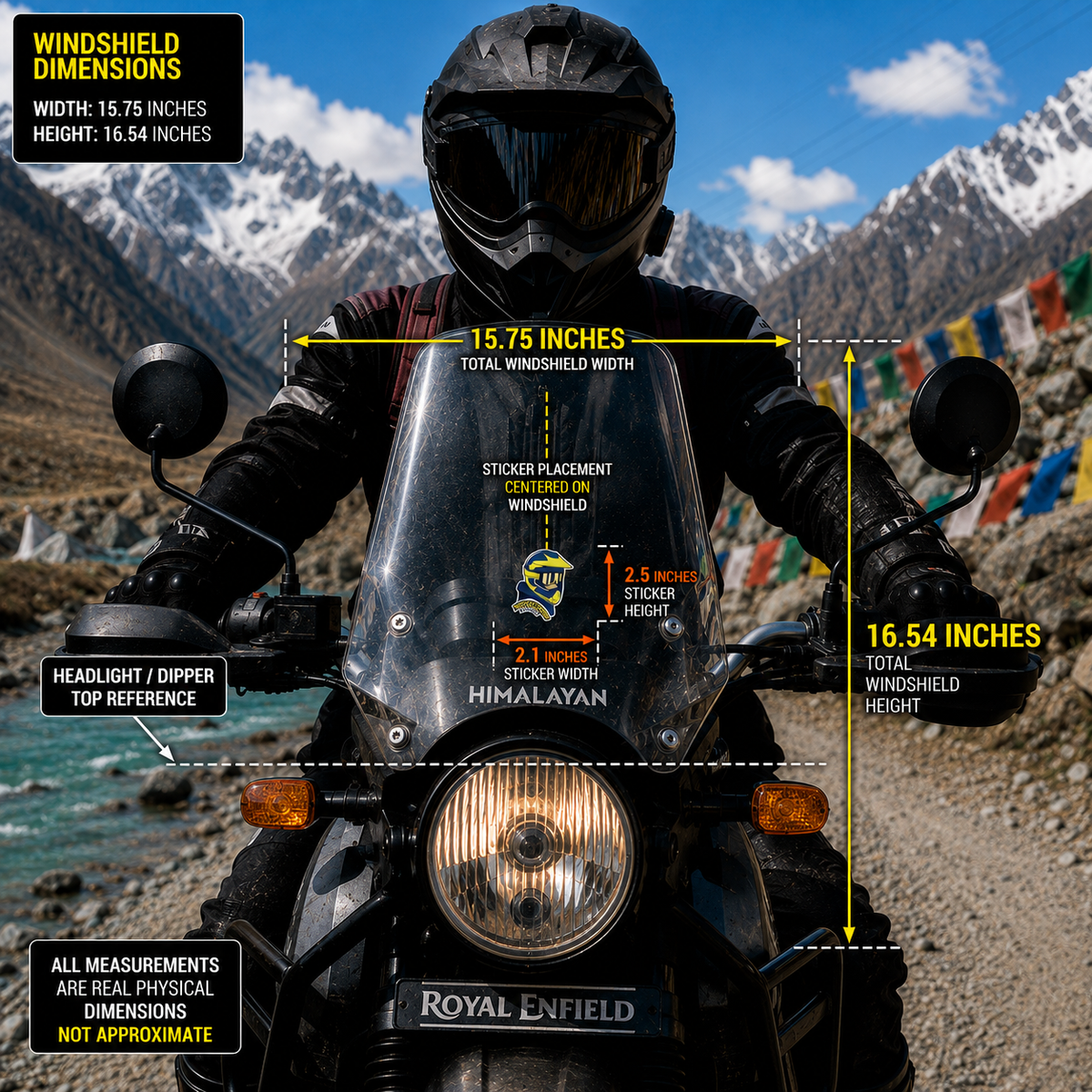 Motocross Biker sticker size infographic showing 2.1 inch width and 2.5 inch height centered on 15.75 x 16.54 inch motorcycle windshield