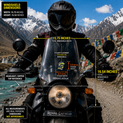 Motocross Biker sticker size infographic showing 2.1 inch width and 2.5 inch height centered on 15.75 x 16.54 inch motorcycle windshield