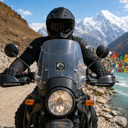 Motor Bike skeleton rider vinyl sticker installed at the center of a Royal Enfield Himalayan motorcycle windshield