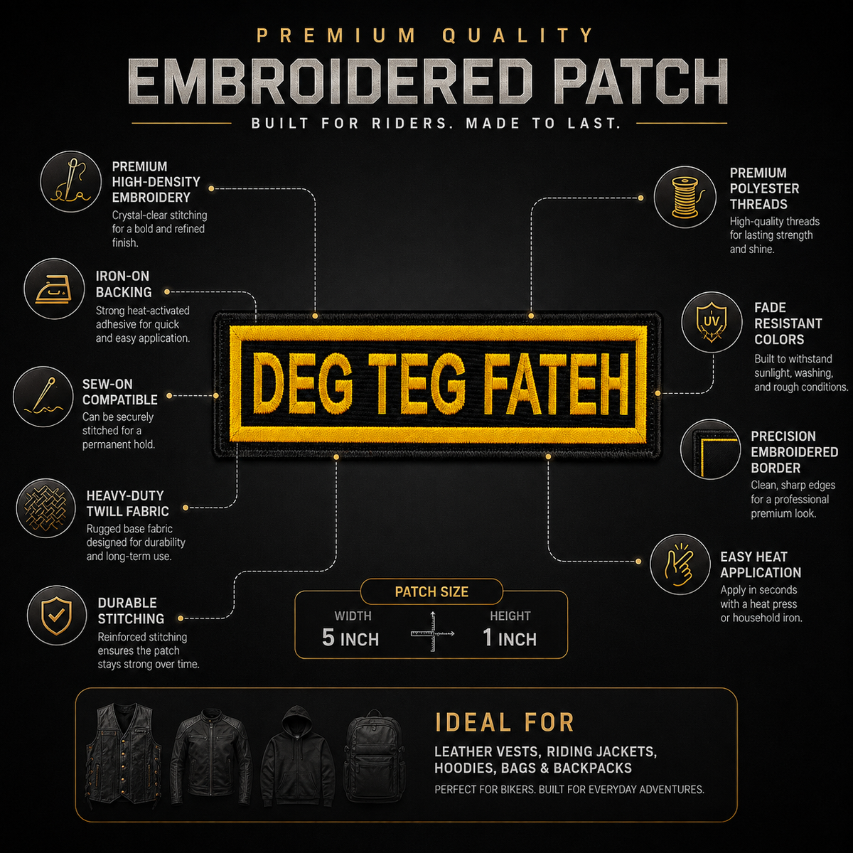 Deg Teg Fateh Biker Embroidery Patch – 1 × 5 Inches