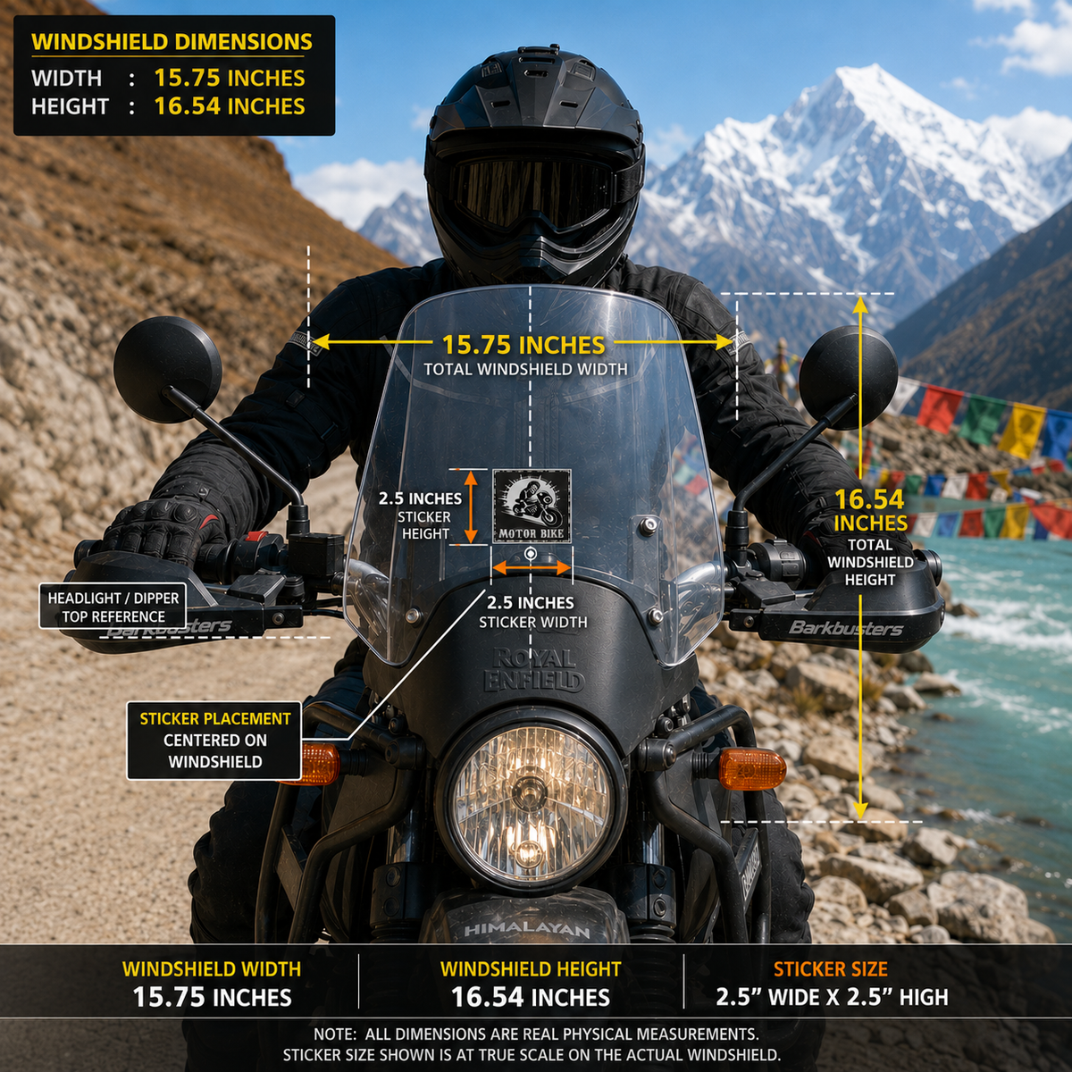 Motor Bike skeleton rider sticker size infographic showing 2.5 x 2.5 inch sticker centered on 15.75 x 16.54 inch motorcycle windshield