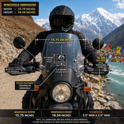 Motor Bike skeleton rider sticker size infographic showing 2.5 x 2.5 inch sticker centered on 15.75 x 16.54 inch motorcycle windshield