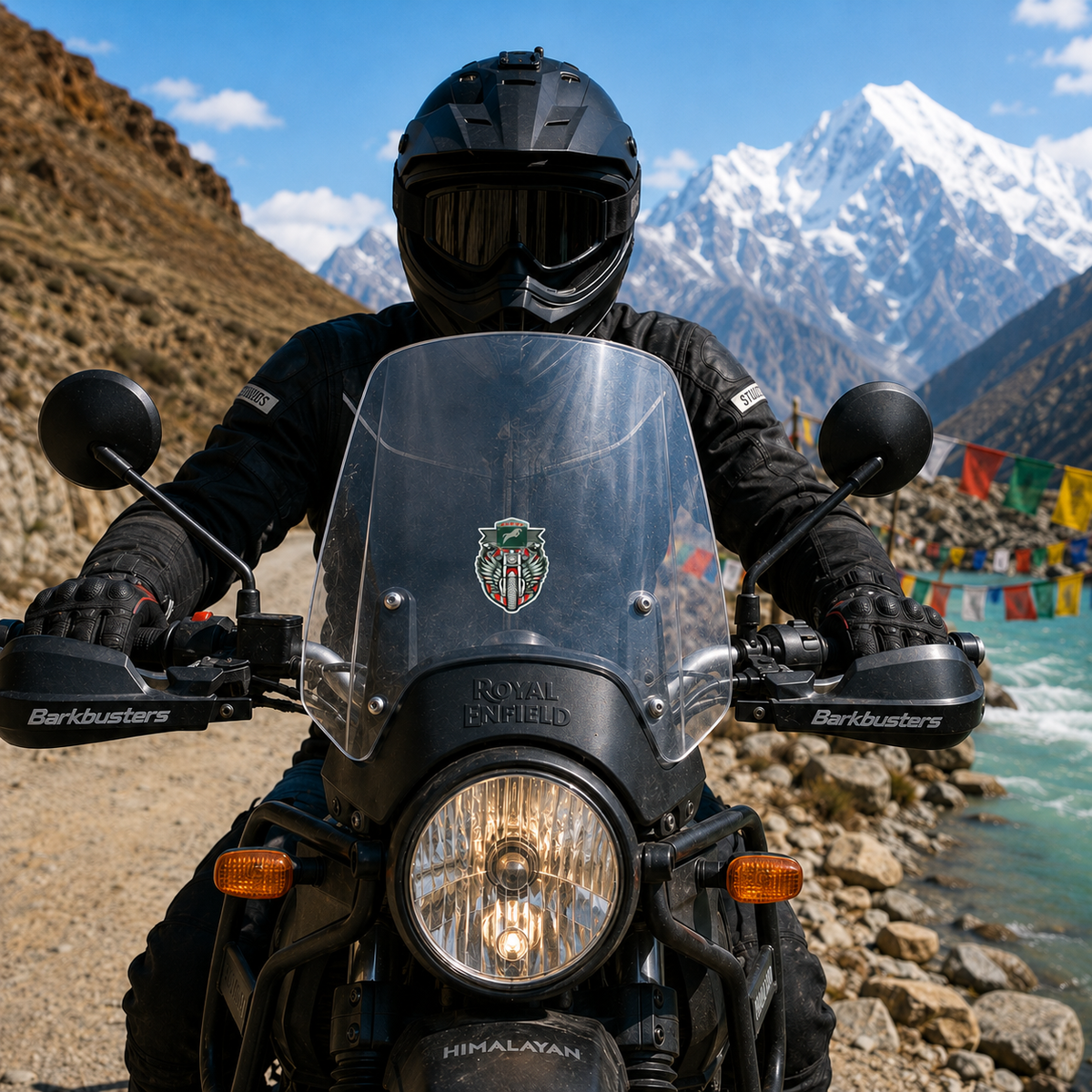 Motorbike with Winged Horse Logo vinyl sticker displayed centered on Royal Enfield Himalayan motorcycle windshield