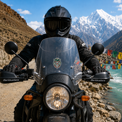 Motorbike with Winged Horse Logo vinyl sticker displayed centered on Royal Enfield Himalayan motorcycle windshield