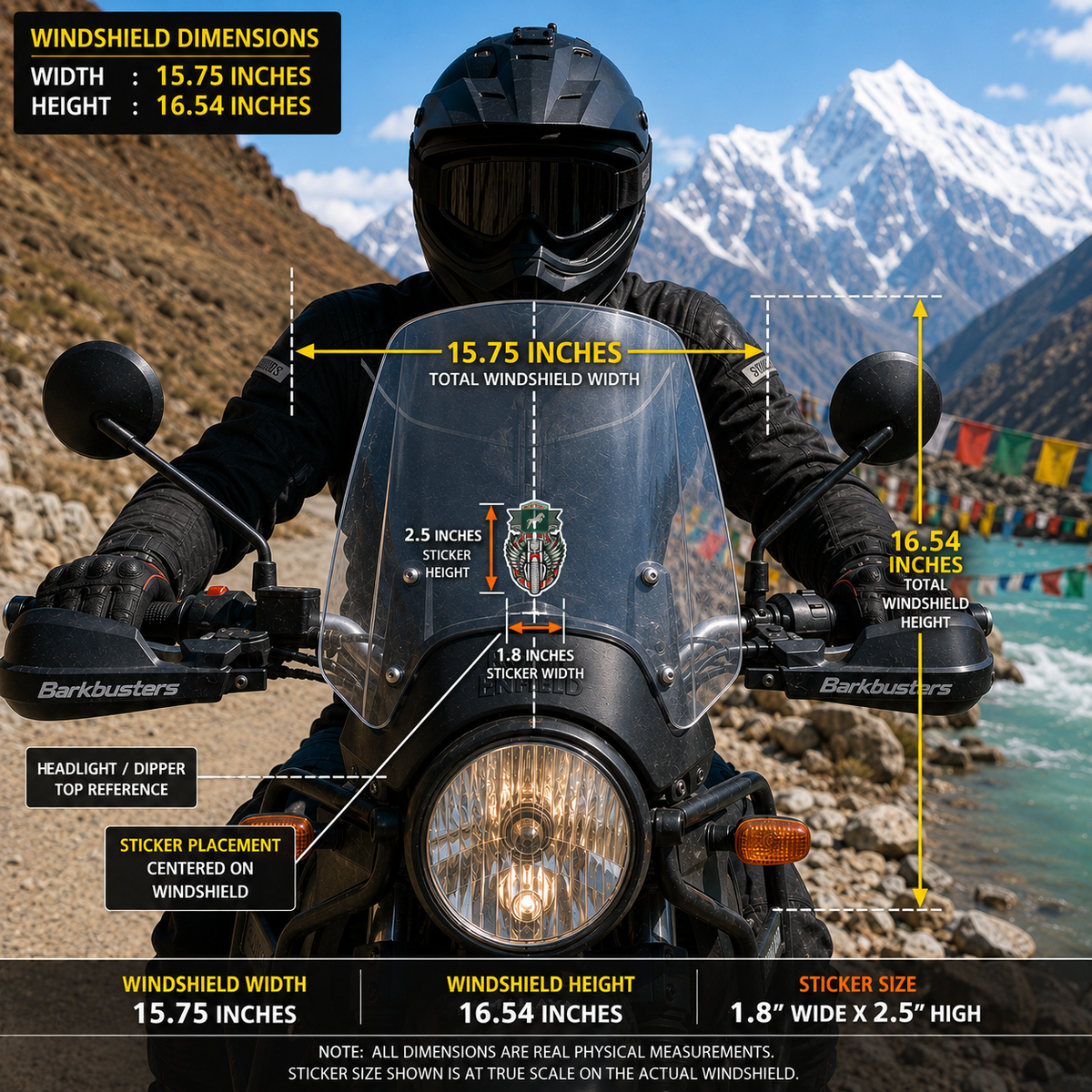 Motorbike with Winged Horse Logo sticker size infographic showing 1.8 x 2.5 inch sticker centered on Royal Enfield Himalayan windshield