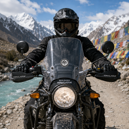 Motorcycle round sticker displayed centered on a Himalayan motorcycle windshield in mountain riding scenery