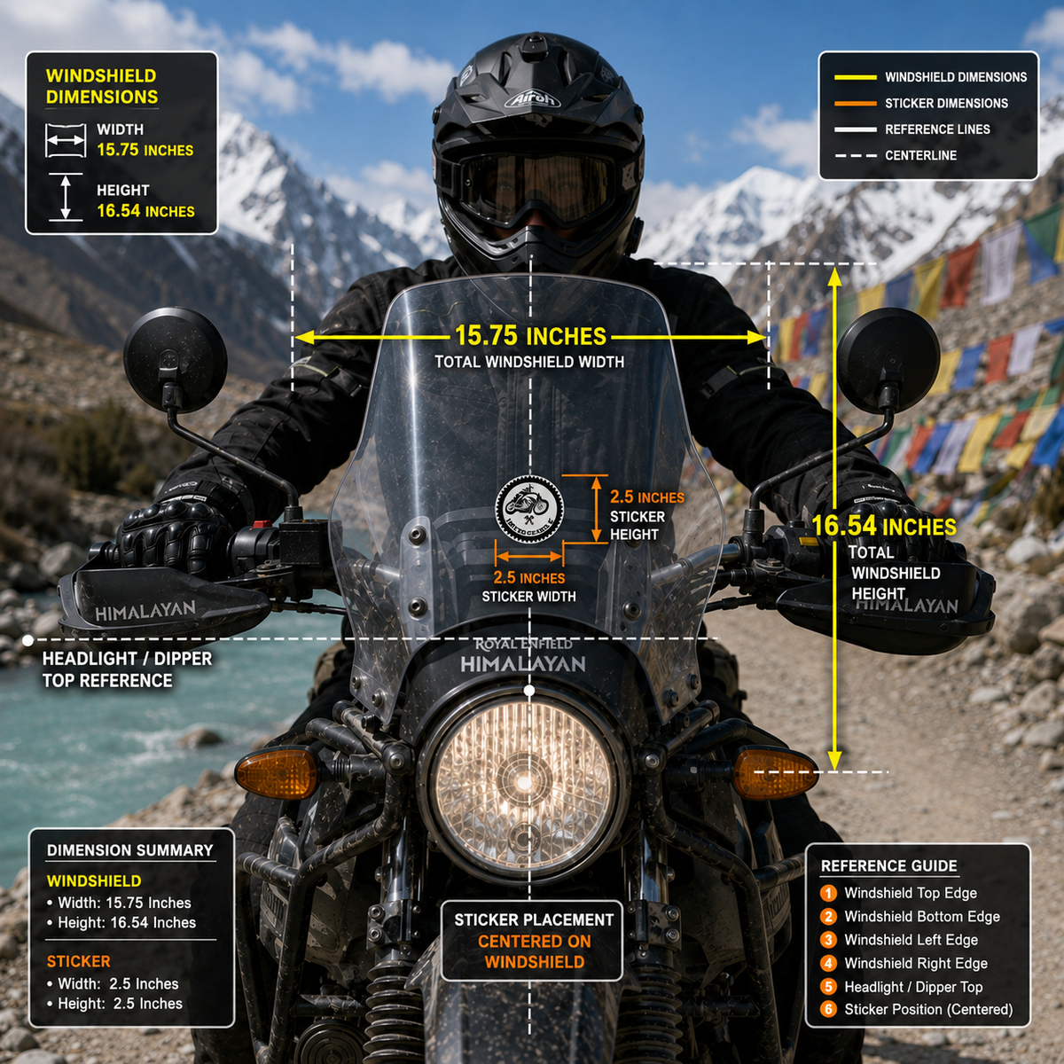 Motorcycle round sticker size infographic showing 2.5 x 2.5 inch sticker centered on 15.75 x 16.54 inch motorcycle windshield