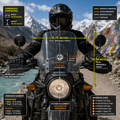 Motorcycle round sticker size infographic showing 2.5 x 2.5 inch sticker centered on 15.75 x 16.54 inch motorcycle windshield