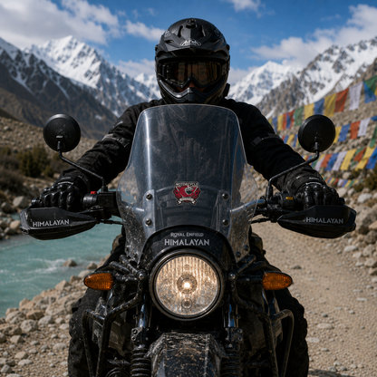 Motorcycle Bikers sticker displayed centered on a motorcycle windshield during a Himalayan adventure ride