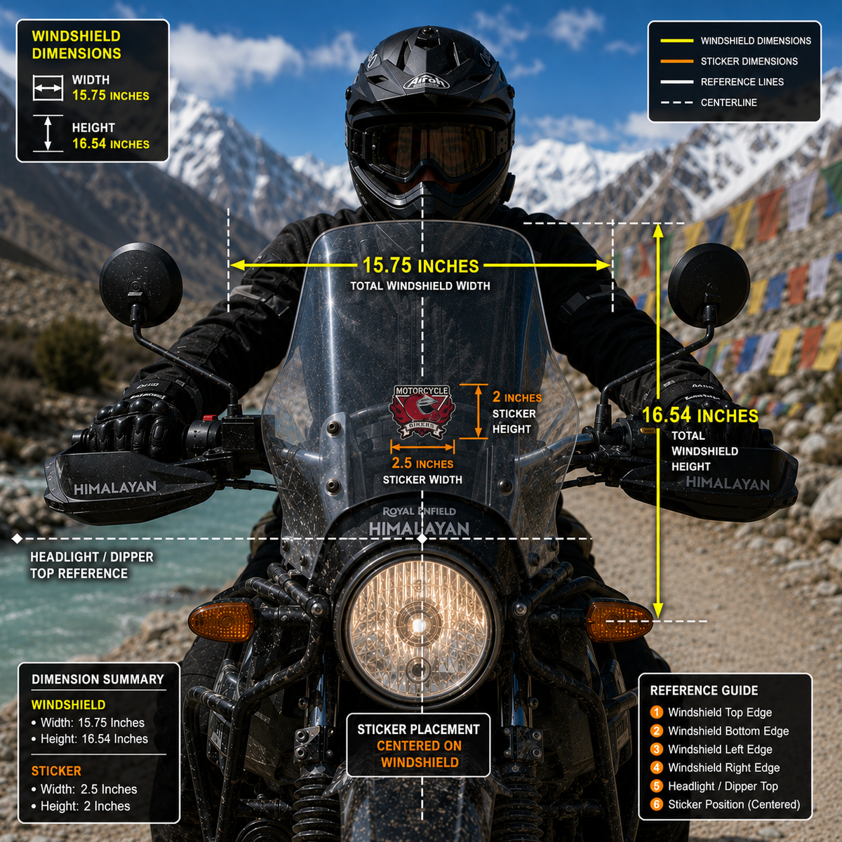 Motorcycle Bikers sticker size infographic showing 2.5 x 2 inch sticker centered on 15.75 x 16.54 inch motorcycle windshield