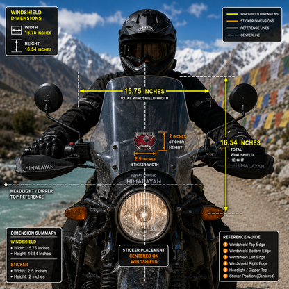 Motorcycle Bikers sticker size infographic showing 2.5 x 2 inch sticker centered on 15.75 x 16.54 inch motorcycle windshield