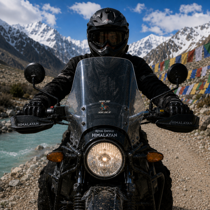 Never Stop Never Give Up biker sticker displayed centered on motorcycle windshield with rider on Himalayan mountain road