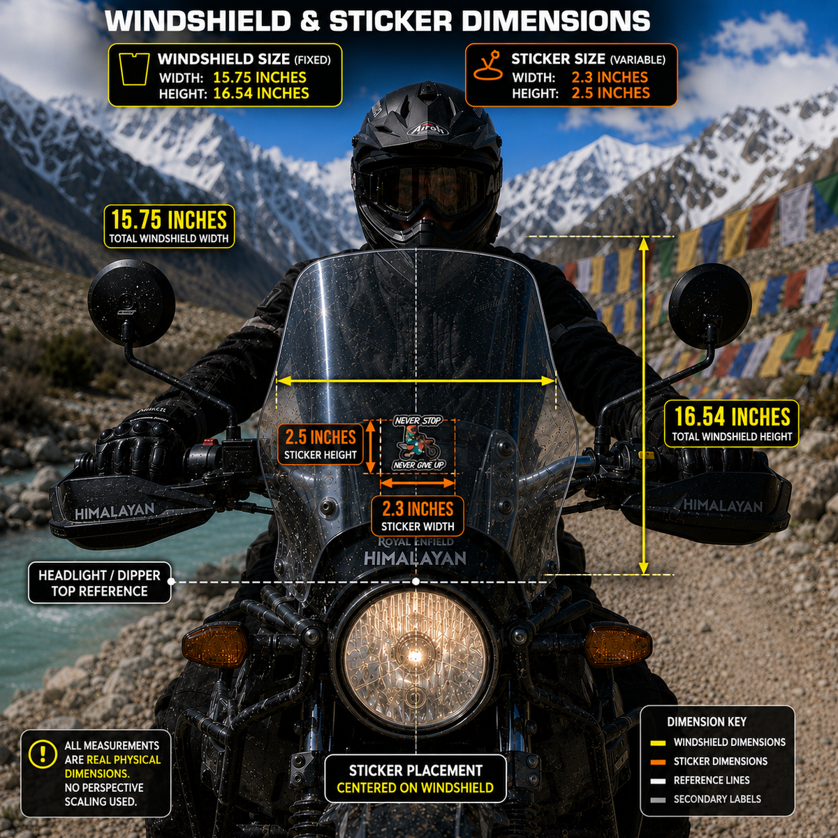 Never Stop Never Give Up biker sticker size and motorcycle windshield placement infographic showing 2.3 x 2.5 inch sticker dimensions