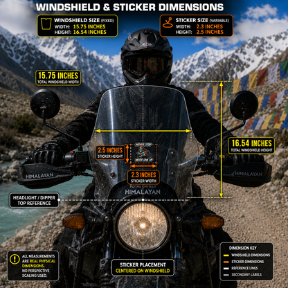 Never Stop Never Give Up biker sticker size and motorcycle windshield placement infographic showing 2.3 x 2.5 inch sticker dimensions