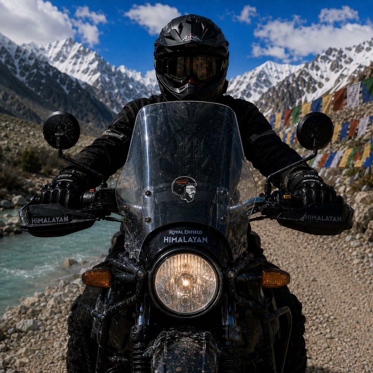 Never Stop biker sticker displayed centered on motorcycle windshield with rider on scenic Himalayan mountain road