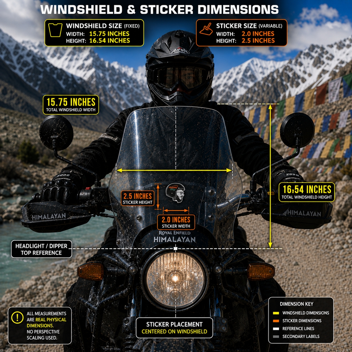 Never Stop biker sticker size and motorcycle windshield placement infographic showing 2 x 2.5 inch sticker dimensions