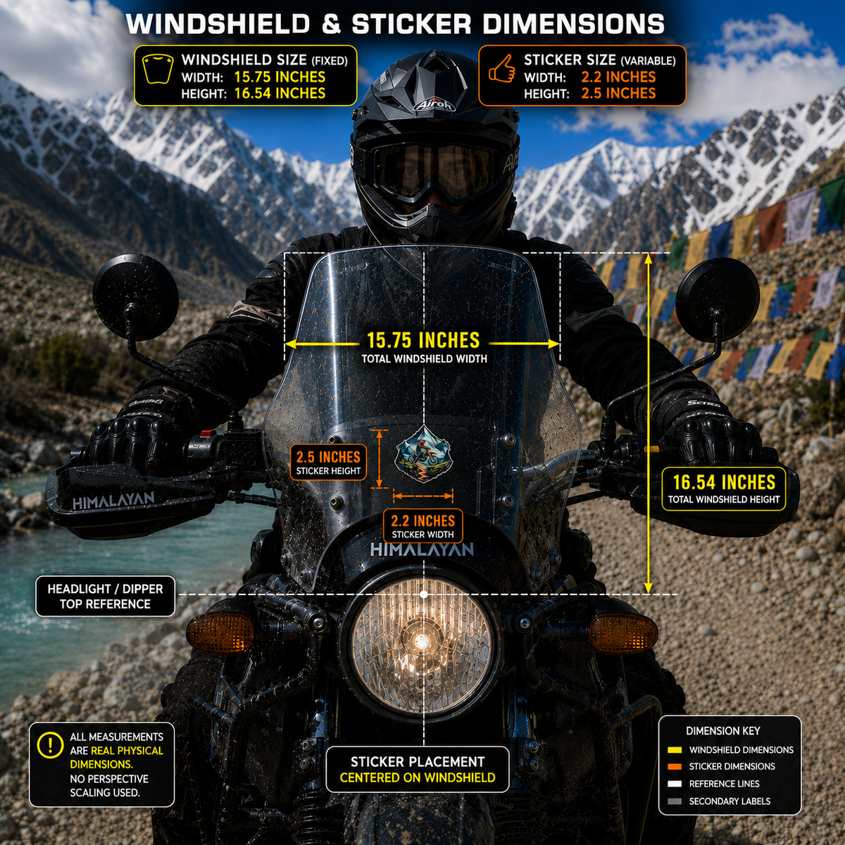 Racing Biker on Hill sticker size and windshield placement infographic showing 2.2 x 2.5 inch sticker dimensions