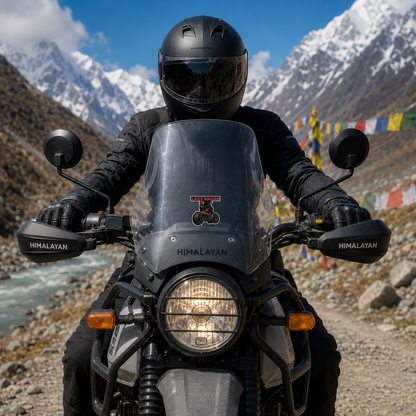 Lady Biker sticker centered on Royal Enfield Himalayan motorcycle windshield on a scenic Himalayan mountain road