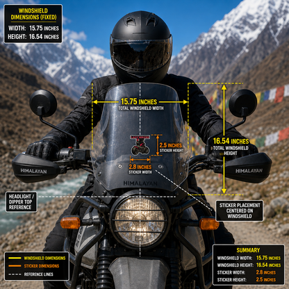 Lady Biker motorcycle sticker size and windshield placement infographic showing 2.8 inch width and 2.5 inch height