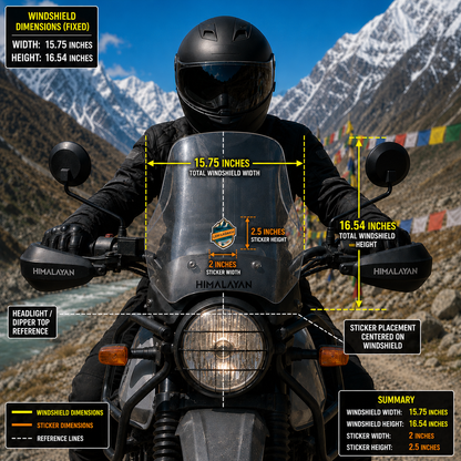 Leh Ladakh motorcycle sticker size and windshield placement infographic showing 2 inch width and 2.5 inch height