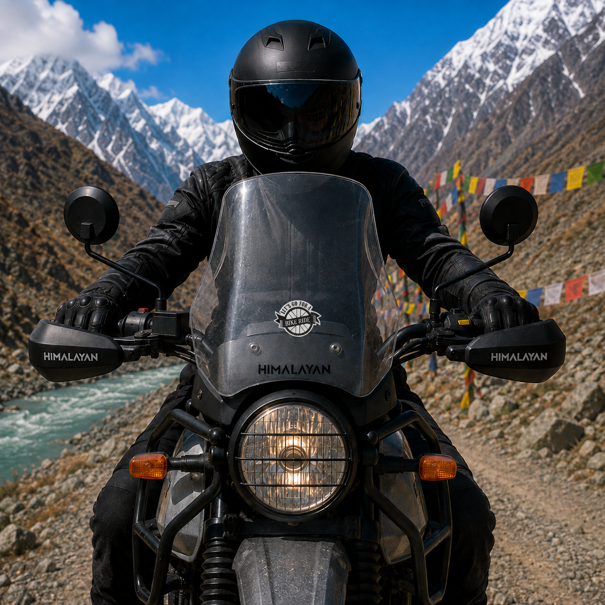 Let’s Go for a Bike Ride sticker centered on Royal Enfield Himalayan motorcycle windshield in Himalayan mountain setting