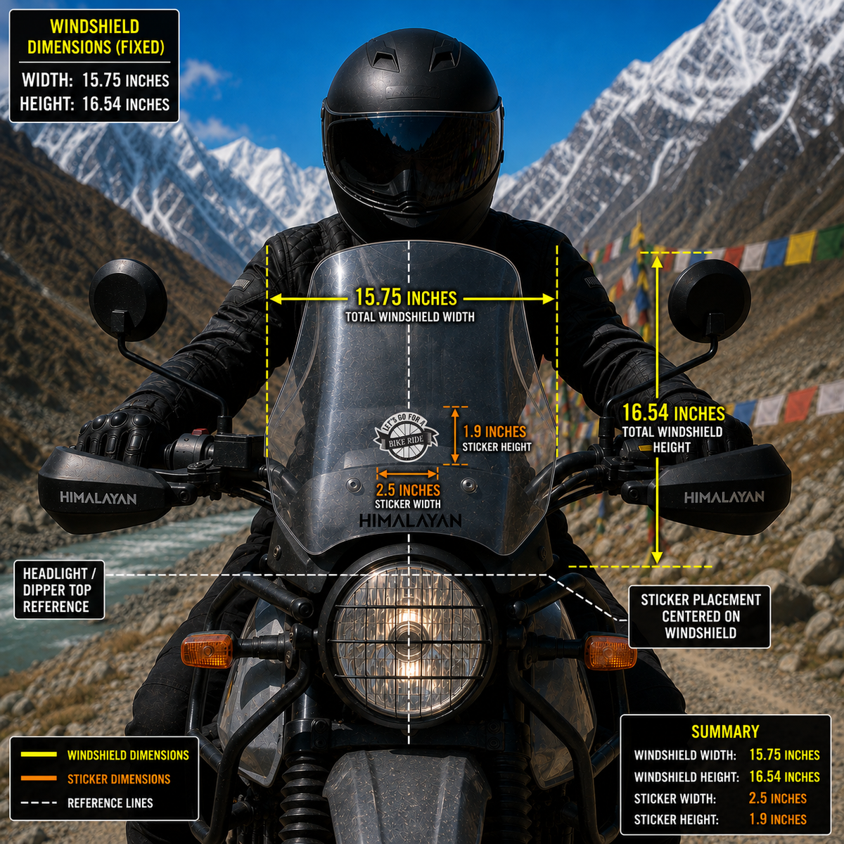 Let’s Go for a Bike Ride motorcycle sticker size and windshield placement infographic showing 2.5 inch width and 1.9 inch height