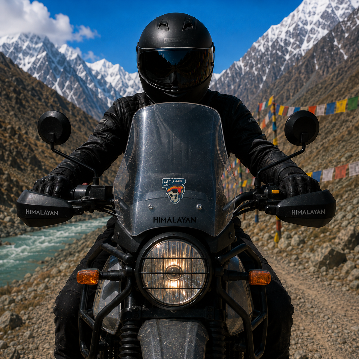 Let’s Go to Hell skull biker sticker centered on Royal Enfield Himalayan motorcycle windshield in Himalayan mountain setting