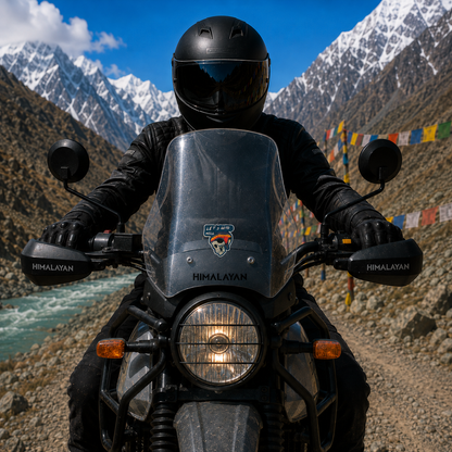 Let’s Go to Hell skull biker sticker centered on Royal Enfield Himalayan motorcycle windshield in Himalayan mountain setting