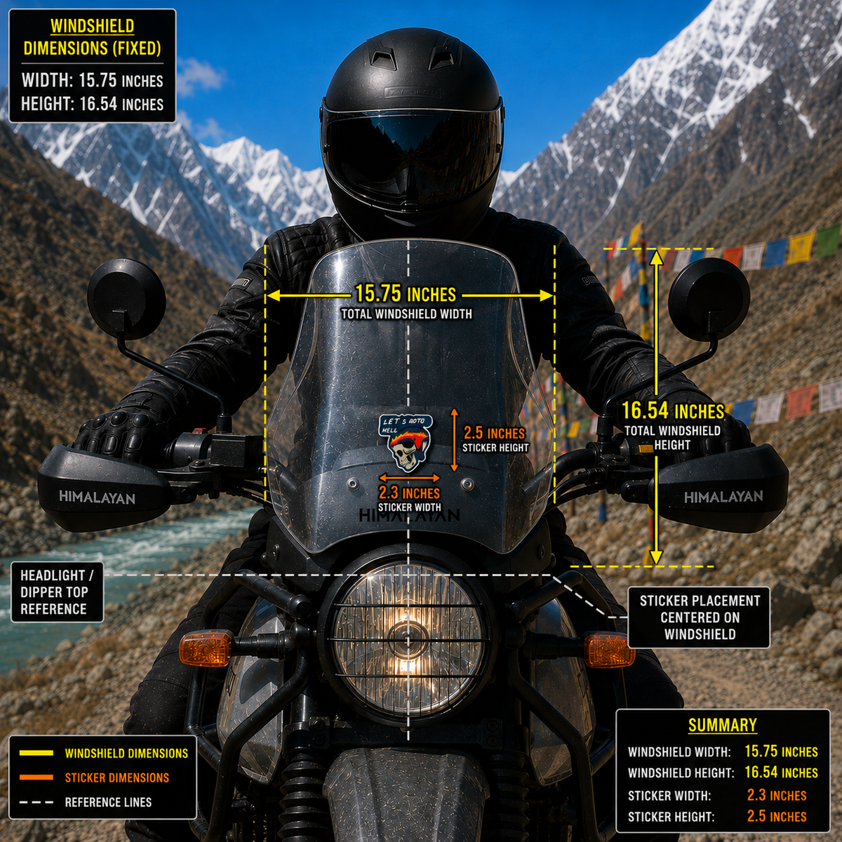 Let’s Go to Hell motorcycle sticker size and windshield placement infographic showing 2.3 inch width and 2.5 inch height