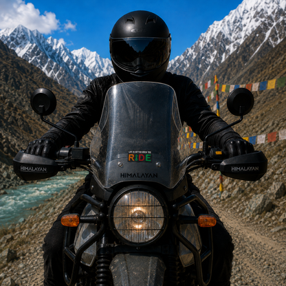 Life Is Better When You Ride sticker centered on Royal Enfield Himalayan motorcycle windshield in Himalayan mountain setting