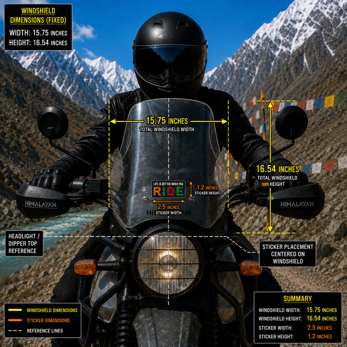 Life Is Better When You Ride motorcycle sticker size and windshield placement infographic showing 2.5 inch width and 1.2 inch height