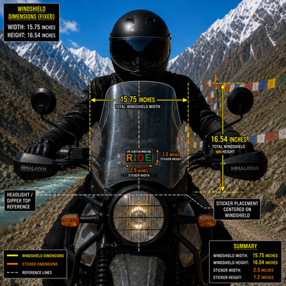 Life Is Better When You Ride motorcycle sticker size and windshield placement infographic showing 2.5 inch width and 1.2 inch height
