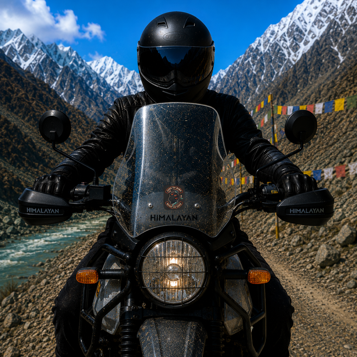 Live to Ride Ride to Live biker snake sticker centered on Royal Enfield Himalayan motorcycle windshield in Himalayan mountain setting