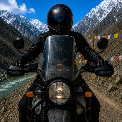 Live to Ride Ride to Live biker snake sticker centered on Royal Enfield Himalayan motorcycle windshield in Himalayan mountain setting