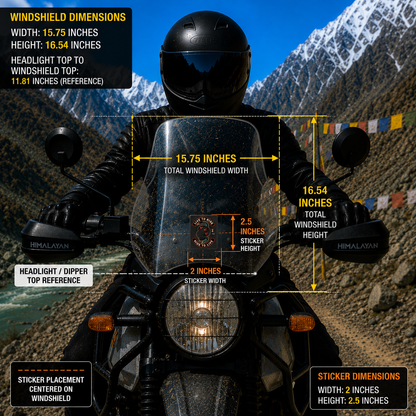 Live to Ride Ride to Live motorcycle sticker size and windshield placement infographic showing 2 inch width and 2.5 inch height