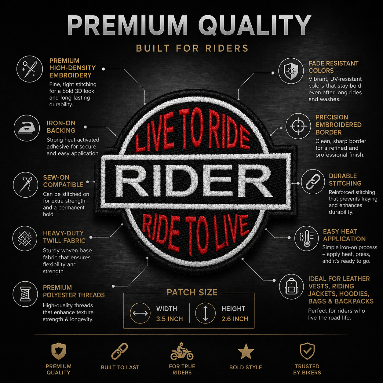 Live to Ride Rider Ride to Live Embroidered Biker Patch – 3.5 × 2.6 Inch Iron-On & Sew-On