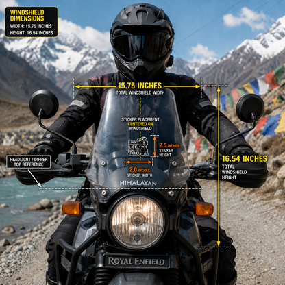 Look and Save a Life motorcycle sticker size and placement infographic showing 2 inch width and 2.5 inch height on motorcycle windshield