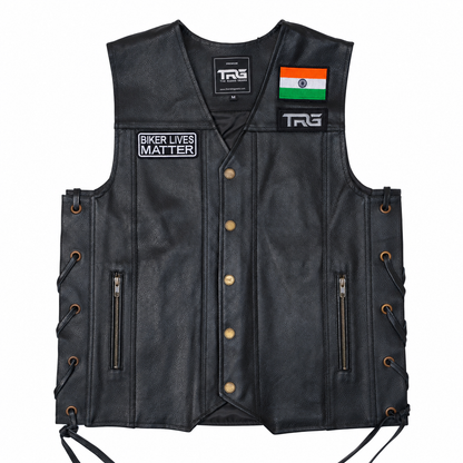 Biker Lives Matter embroidery patch displayed on black leather riding vest