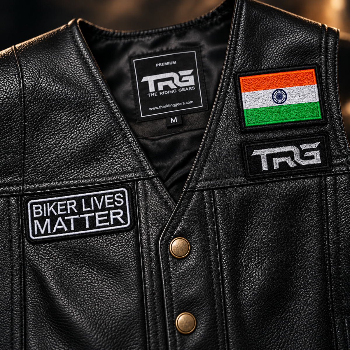 Close-up of Biker Lives Matter embroidered patch on leather biker vest