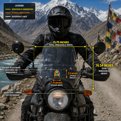 RIDE Motorcycle Sticker 1.9 x 2.5 inch size infographic showing centered motorcycle windshield placement