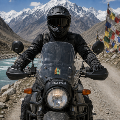 RIDE Motorcycle Sticker displayed on a motorcycle windshield in a Himalayan mountain riding setting