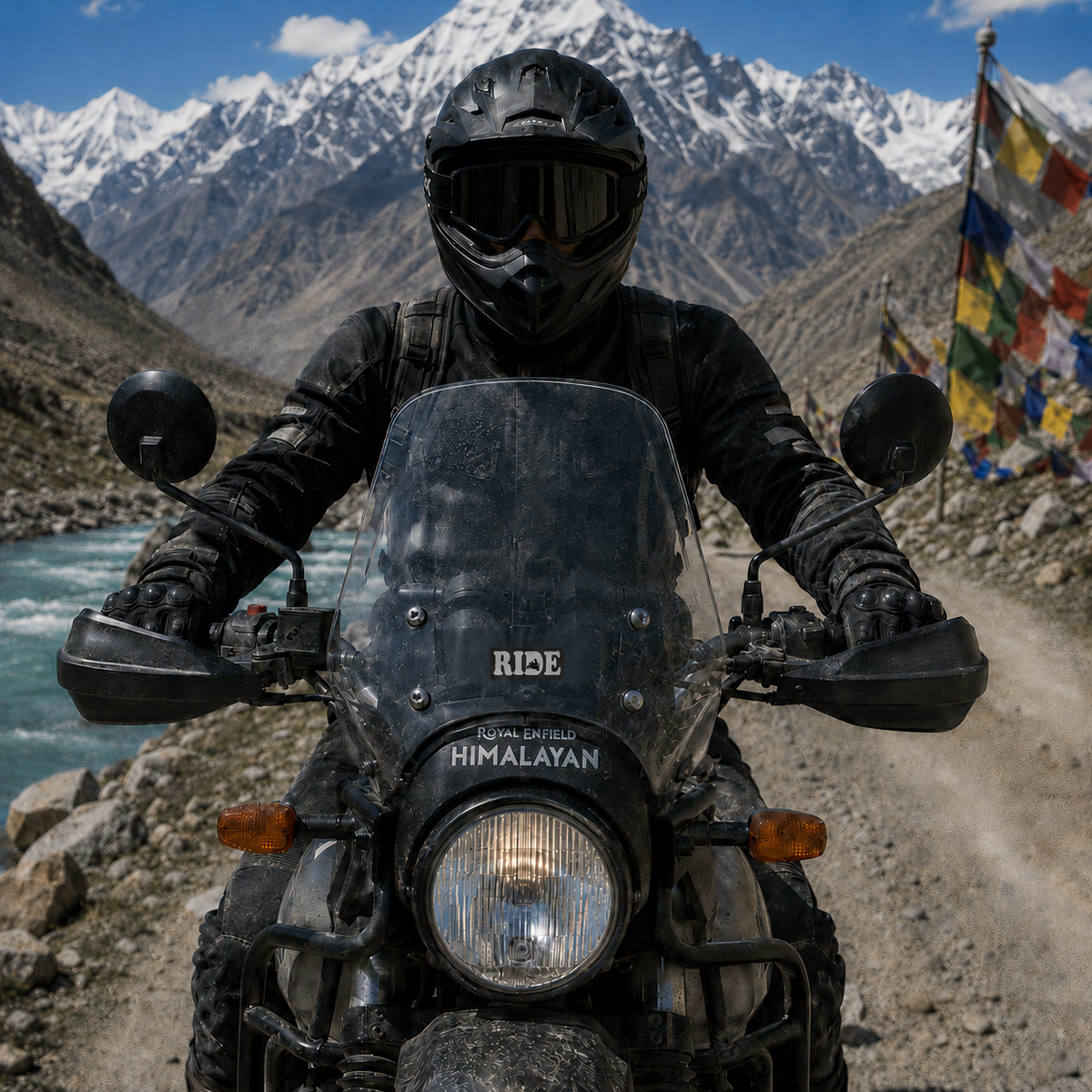 RIDE Motorcycle Sticker displayed on Royal Enfield Himalayan motorcycle windshield in a Himalayan mountain setting