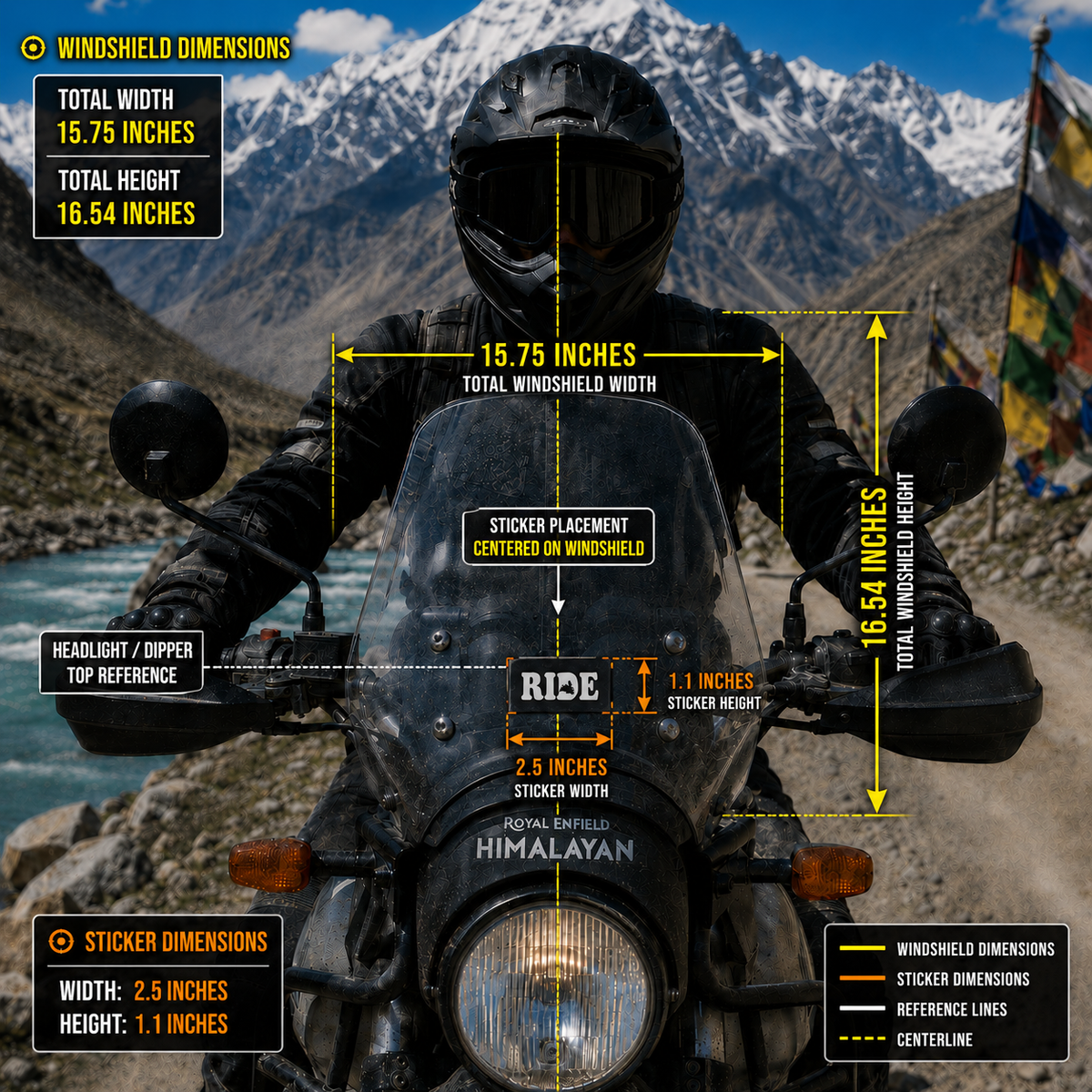 RIDE Motorcycle Sticker 2.5 x 1.1 inch size infographic showing centered placement on motorcycle windshield