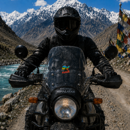 Rider Motorcycle Sticker displayed on Royal Enfield Himalayan motorcycle windshield