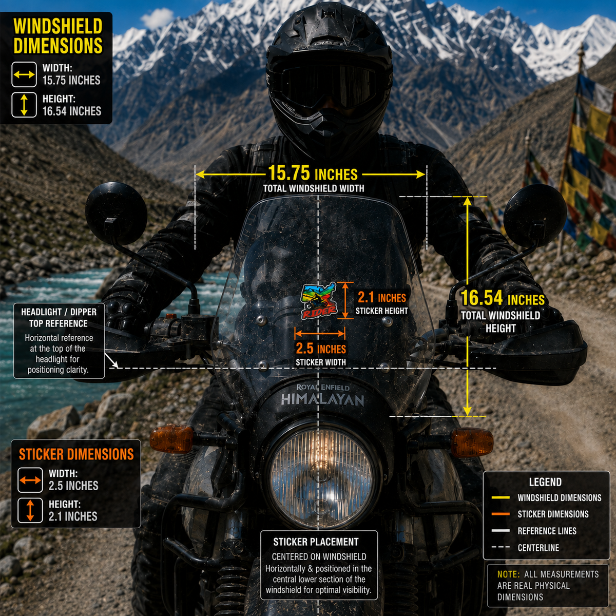 Rider Motorcycle Sticker 2.5 x 2.1 inch size infographic on motorcycle windshield