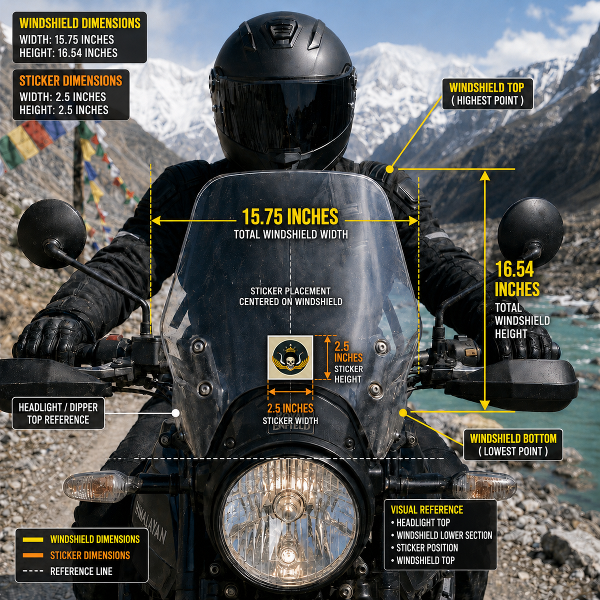 Skeleton King Fell Sticker 2.5 x 2.5 inch shown centered on 15.75 x 16.54 inch motorcycle windshield