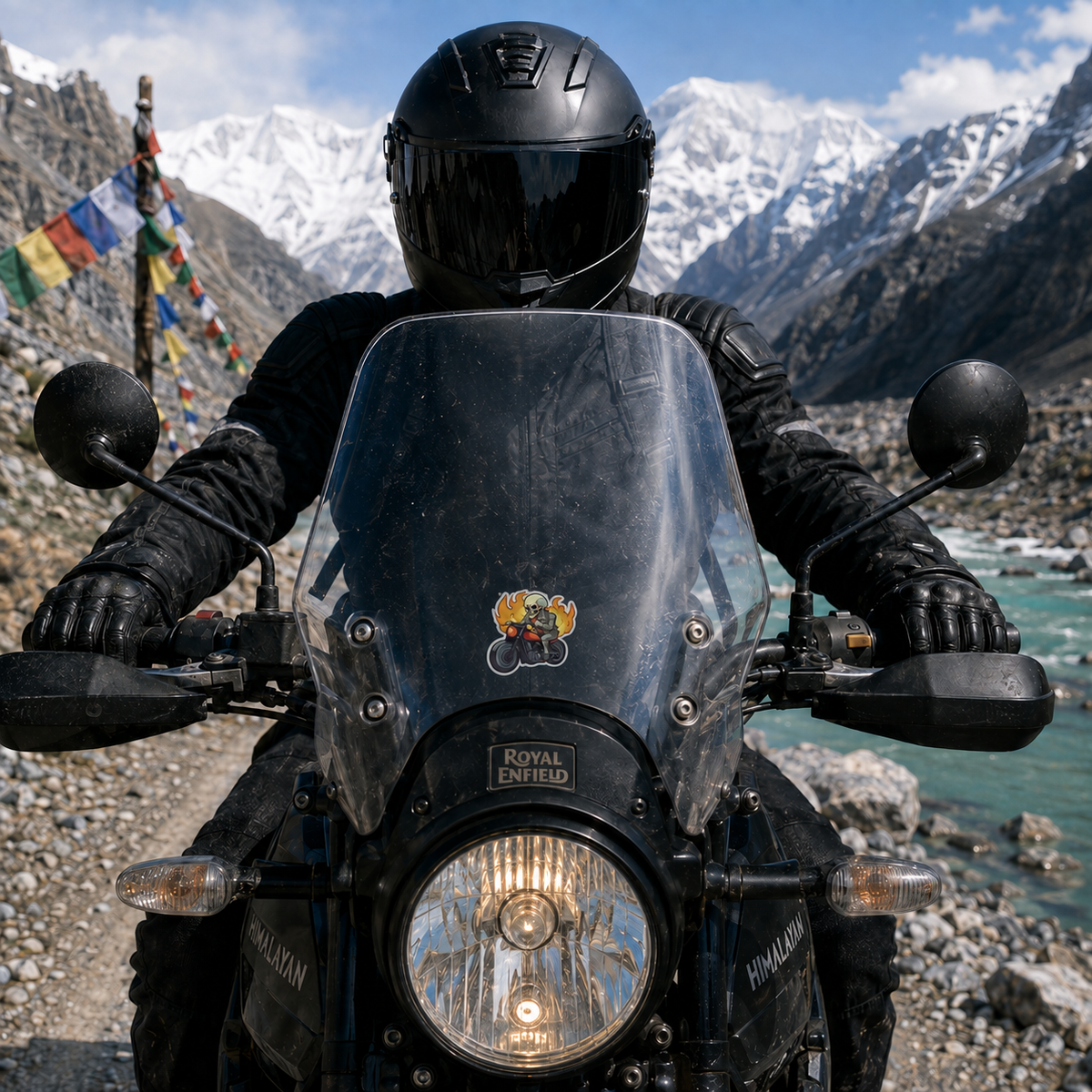 Skeleton Fiery Bike Sticker displayed centered on motorcycle windshield in Himalayan mountain riding setting