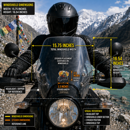 Skeleton Fiery Bike Sticker 2.3 x 2.5 inch shown centered on 15.75 x 16.54 inch motorcycle windshield dimension infographic